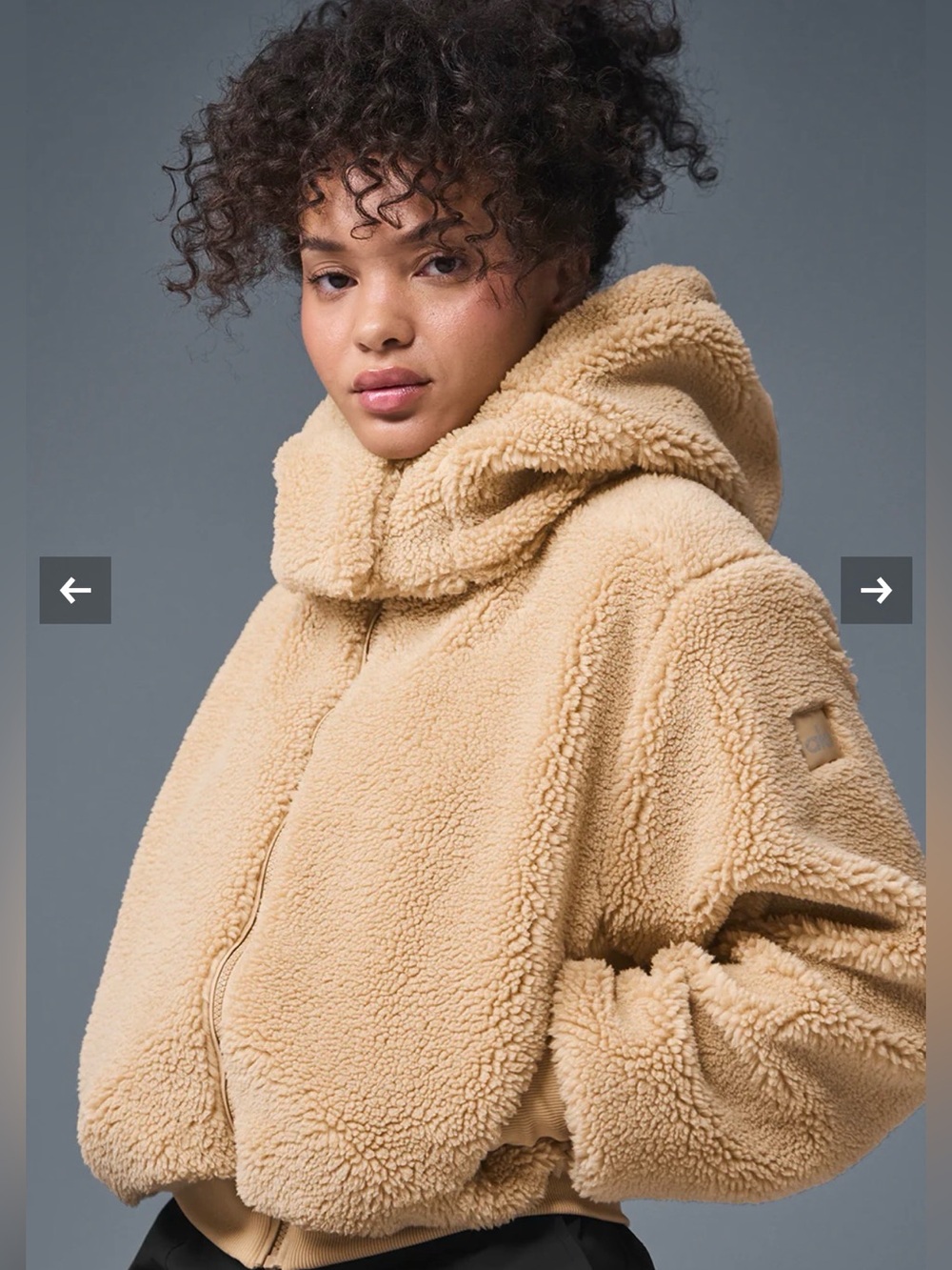 ALO Yoga Foxy Sherpa Zip Bomber Jacket in Camel with Removable Hood